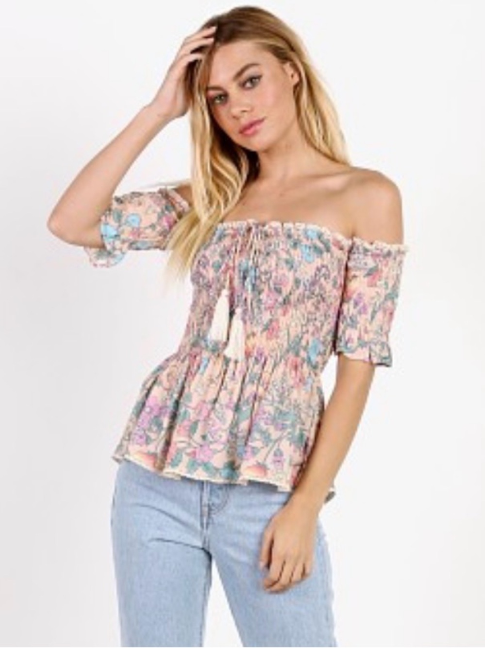 Reformation Floral Off-Shoulder Smocked Peplum Top in Pink and Blue